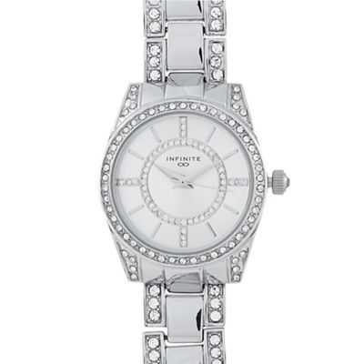 Ladies silver plated stone encrusted round watch